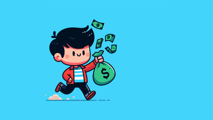 Cute logo of wealthy boy cartoon vector Icon, cute rich boy throws money while runing cartoon vector icon illustration. people business icon concept