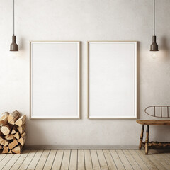 White frame mockup for a poster in a set of 2 standing on a wooden wall in a country house, 3d rendering