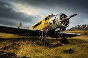 Fototapeta na wymiar Old airplane on a grassland. Generative AI