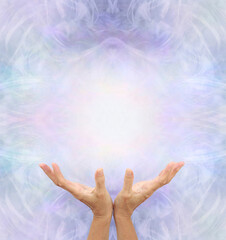 Energy Healing Therapist Message Template - female open palm hands facing upwards  against angelic ethereal symmetrical background with copy space above for spiritual message
