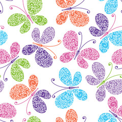 Vector seamless spring pattern with hand-drawn colorful butterflies on a transparent background
