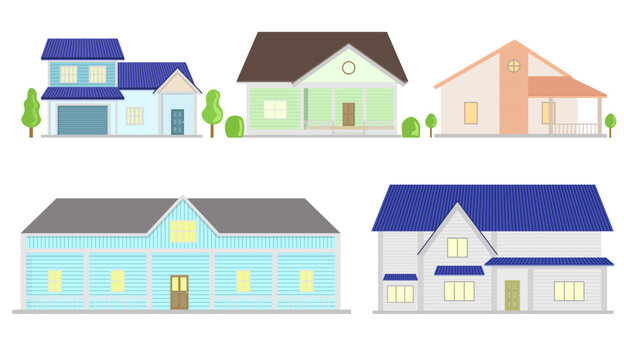 Set of cute houses, flat style. Cartoon house, decorative, vector illustration.