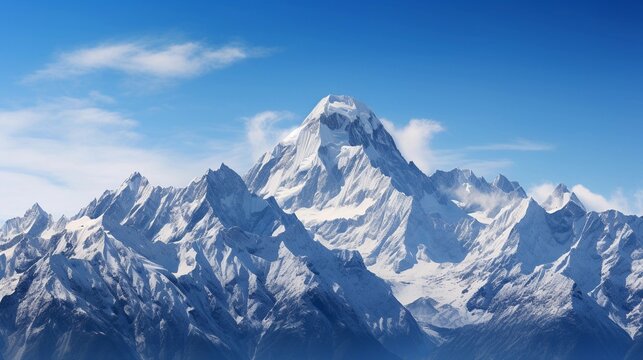 A panoramic view of towering snow-capped mountain peaks, with a clear, blue sky as a backdrop, showcasing the grandeur of the natural landscape, AI generated, Background image