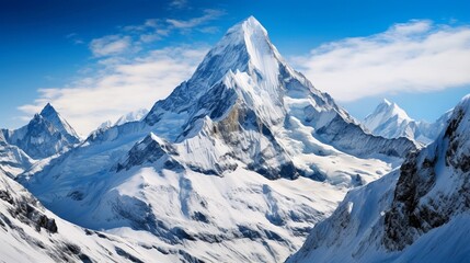 A panoramic view of towering snow-capped mountain peaks, with a clear, blue sky as a backdrop, showcasing the grandeur of the natural landscape, AI generated, Background image