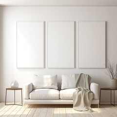 Set of 3 frame mockup on wooden wall, farmhouse design, wooden table, interior design 3d