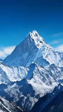 A panoramic view of towering snow-capped mountain peaks, with a clear, blue sky as a backdrop, showcasing the grandeur of the natural landscape, AI generated, Background image