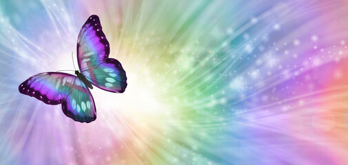 Butterfly Soul Journey Concept - multicoloured butterfly flying off top left with rainbow coloured...