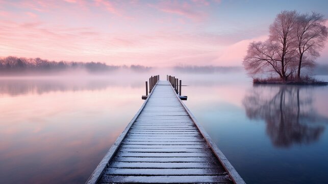 A peaceful dock extending into the calm lake at sunrise, with soft pastel colors illuminating the sky and a hint of morning mist in the air, AI generated, Background image