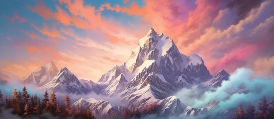 Foto op Canvas At a low angle the setting sun painted the mountain peaks with a vibrant palette of white blue and various colors casting a magical glow upon the snow covered slopes while the sky and clouds © TheWaterMeloonProjec