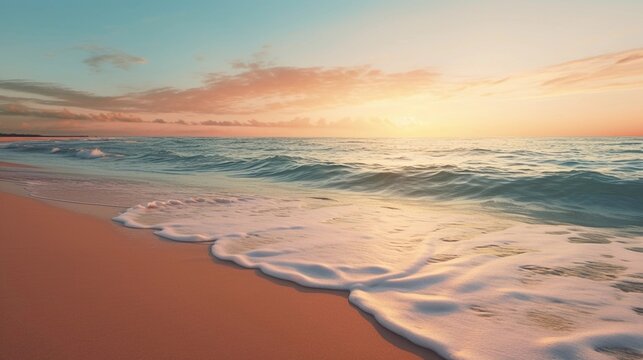 A serene beach scene at sunset, with gentle waves washing ashore, the sky painted in warm pastel hues, and the sun setting on the horizon, AI generated, Background image