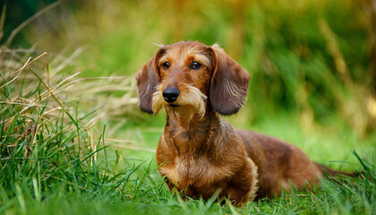 A brown wire-haired dachshund in the grass