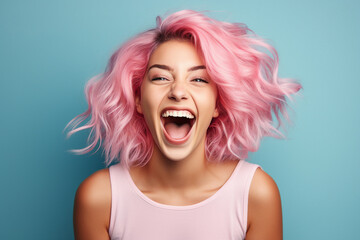 Generative AI portrait of funny young girl with pink flying hair curls laughing feel good - obrazy, fototapety, plakaty