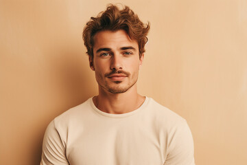 Fototapeta premium Generative AI portrait of a very handsome brown hair man isolated on beige background
