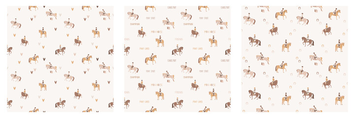 Set of seamless vector patterns, children's equestrian sports - obrazy, fototapety, plakaty
