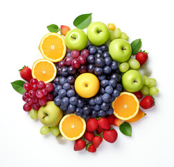 Circle shaped healthy food arrangement of fresh organic farm fresh fruit. Still life isolate on white background. Concept of proper nutrition, fight against obesity and overweight. 