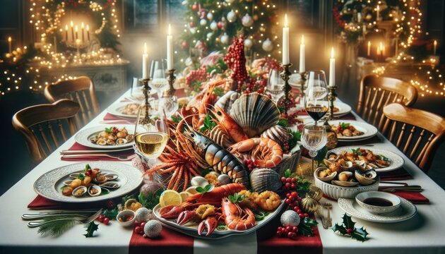 Elegant Italian Christmas feast with seafood and festive decor.
