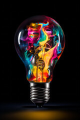Creative light bulb explodes with colorful paint and splashes on a dark background.