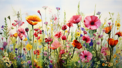 Watercolor painting of a beautiful meadow filled with vibrant wild flowers.