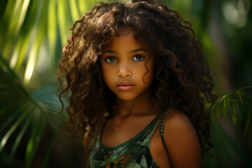 Generative AI photography of charming black skin girl on tropical island summer holidays