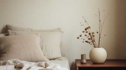 Generative AI, Relaxing bedroom detail of bed with natural linen textured bedding, muted neutral aesthetic colors	
