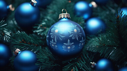 Obraz na płótnie Canvas A shimmering blue bauble adorns a Christmas tree, set against a festive backdrop of twinkling bokeh lights, exuding holiday magic