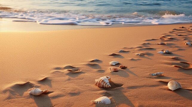 A tranquil scene of a calm beach with seashells and footprints in the sand, as the last light of the setting sun casts long shadows, AI generated, Background image