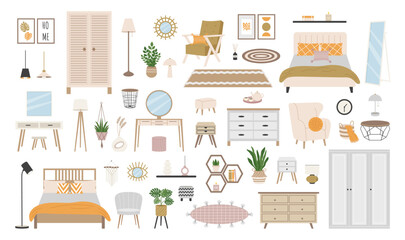 Fashionable bedroom interior in Scandinavian style. Stylish vector isolated furniture set. Apartment in Hygge style. Cozy Home. Bed, bedside table, wardrobe, armchair, floor lamp, mirror, macrame.