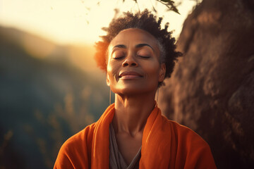 Mindfulness stress releasing concept young woman practicing meditation close with nature Generative AI portrait - obrazy, fototapety, plakaty