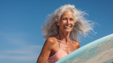 Mature woman posing with a surfboard on the beach
