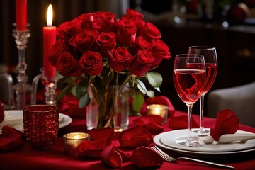 Romantic table setting with red roses, candles and glasses of wine.valentine concept