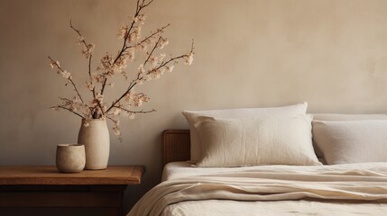 Generative AI, Relaxing bedroom detail of bed with natural linen textured bedding, muted neutral aesthetic colors	
 - obrazy, fototapety, plakaty