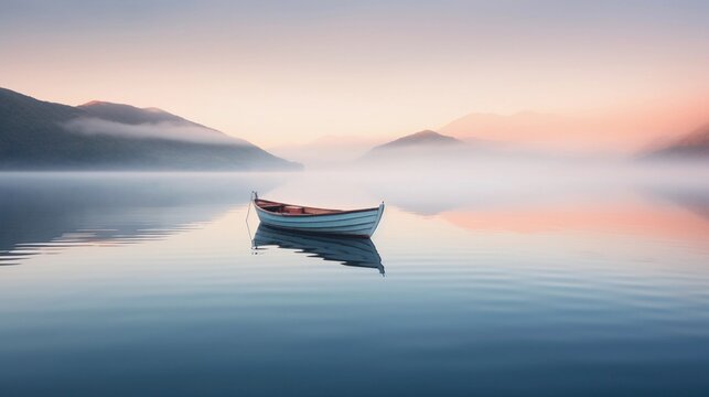 An ethereal shot of a lone boat gently floating on the calm lake at sunrise, with the first light of day creating a dreamy, otherworldly atmosphere, AI generated, Background image