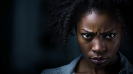 Portrait of a black female with angry expression against textured background with space for text, AI generated, Background image