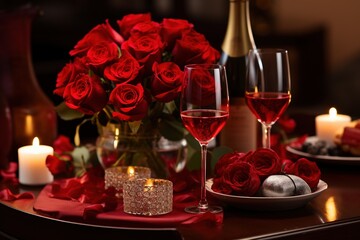 Romantic table setting with red roses, candles and glasses of wine.valentine concept