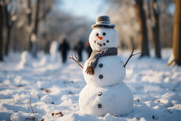 Created with generative ai technology image funny white snowman creation of family parents children playing in snow