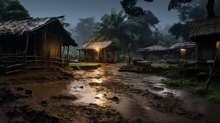Serene Night in a Rural Rainforest Village with Bamboo Huts and Muddy Path