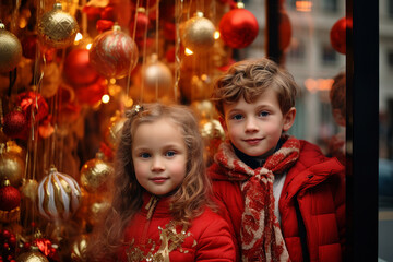 Fototapeta na wymiar Generative AI image of beautiful child in new year atmosphere city looking on bright christmas garland