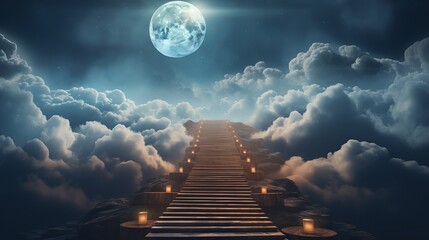 Surreal Landscape of a Dreamlike Stairway Leading to a Full Moon in a Cloudy Night Sky