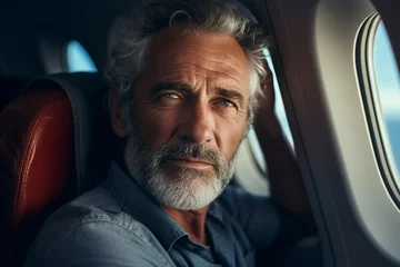 Cercles muraux Ancien avion Generative AI picture portrait of aged woman man traveler person inside modern jet plane