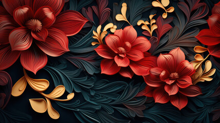 3D Abstract dark red and gold floral background design as wallpaper illustration