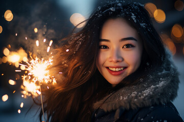 Magic christmas night with snow and fireworks made with Generative AI technology