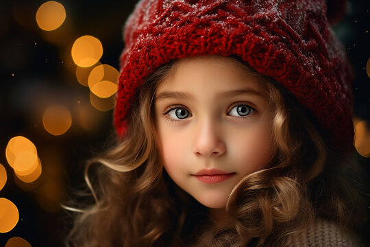 Generative AI picture of charming lovely girl in santa claus hat on blurred christmas light backdrop