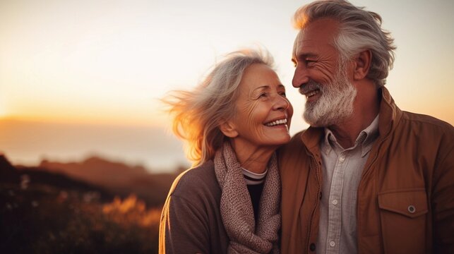 Portrait of a happy old couple posing against sunset ambience background with space for text, AI generated, Background image