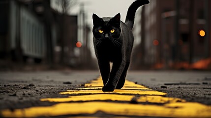 Urban Twilight: Black Cat Walking on Yellow Lines in Industrial Alley