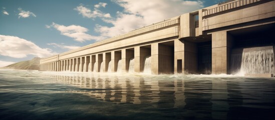 The construction of the dam and weir led to the building of a large reservoir responsible for controlling the discharge of water and preventing flooding while also harnessing energy for the  - obrazy, fototapety, plakaty