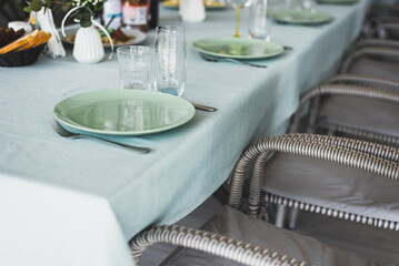 Empty glasses set in restaurant. Part of interior
