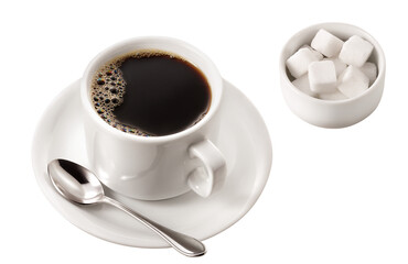 xícara com café expresso acompanhado de pote com torrões de açúcar isolado em fundo...