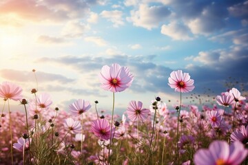 Floral landscape with blooming cosmos flowers beneath a bright morning sky adorned with fluffy clouds and sunlight. Generative AI - obrazy, fototapety, plakaty