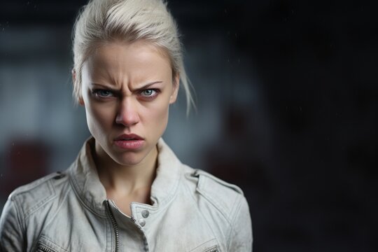 Portrait of a white female with angry expression against textured background with space for text, AI generated, Background image