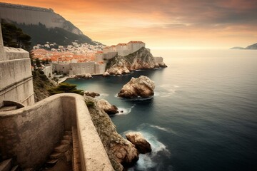 Ancient fortress overlooking Dubrovnik in Croatia. Generative AI - obrazy, fototapety, plakaty